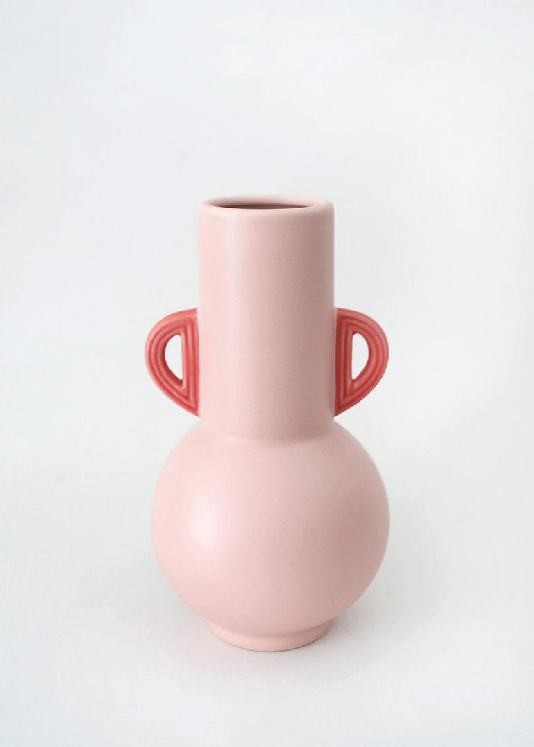 Afloral Pink Floral Vase With Coral Handles - 10.75"