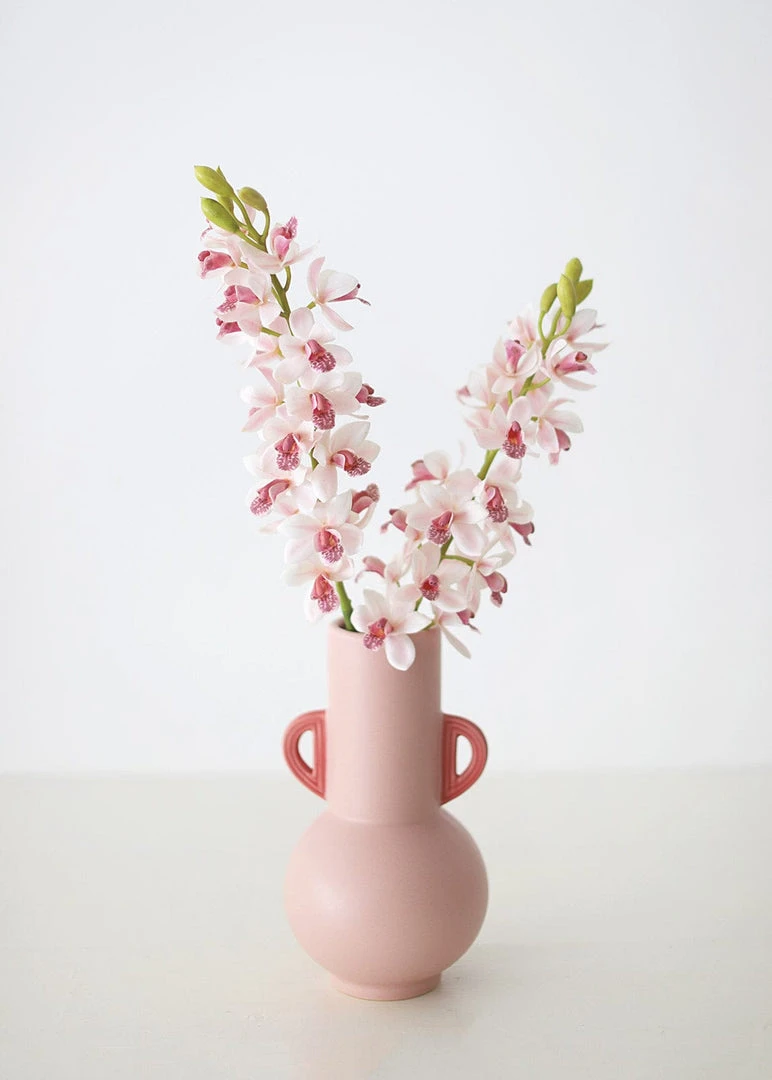 Afloral Pink Floral Vase With Coral Handles - 10.75"