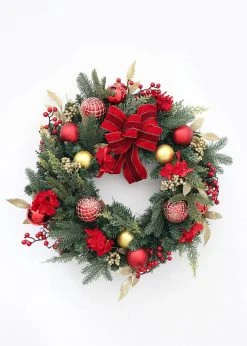 Afloral Red And Gold Decorated Pine Christmas Wreath - 24" Artificial Plants